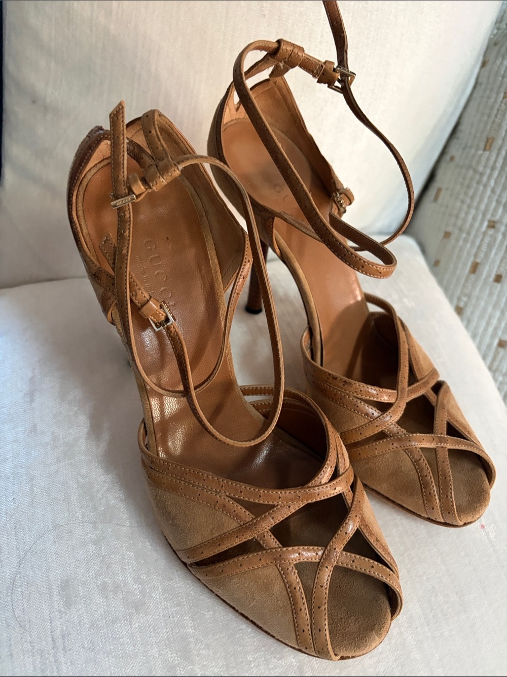 Gucci Brown/Tan Suede & Leather Strappy Peep-Toe Heels